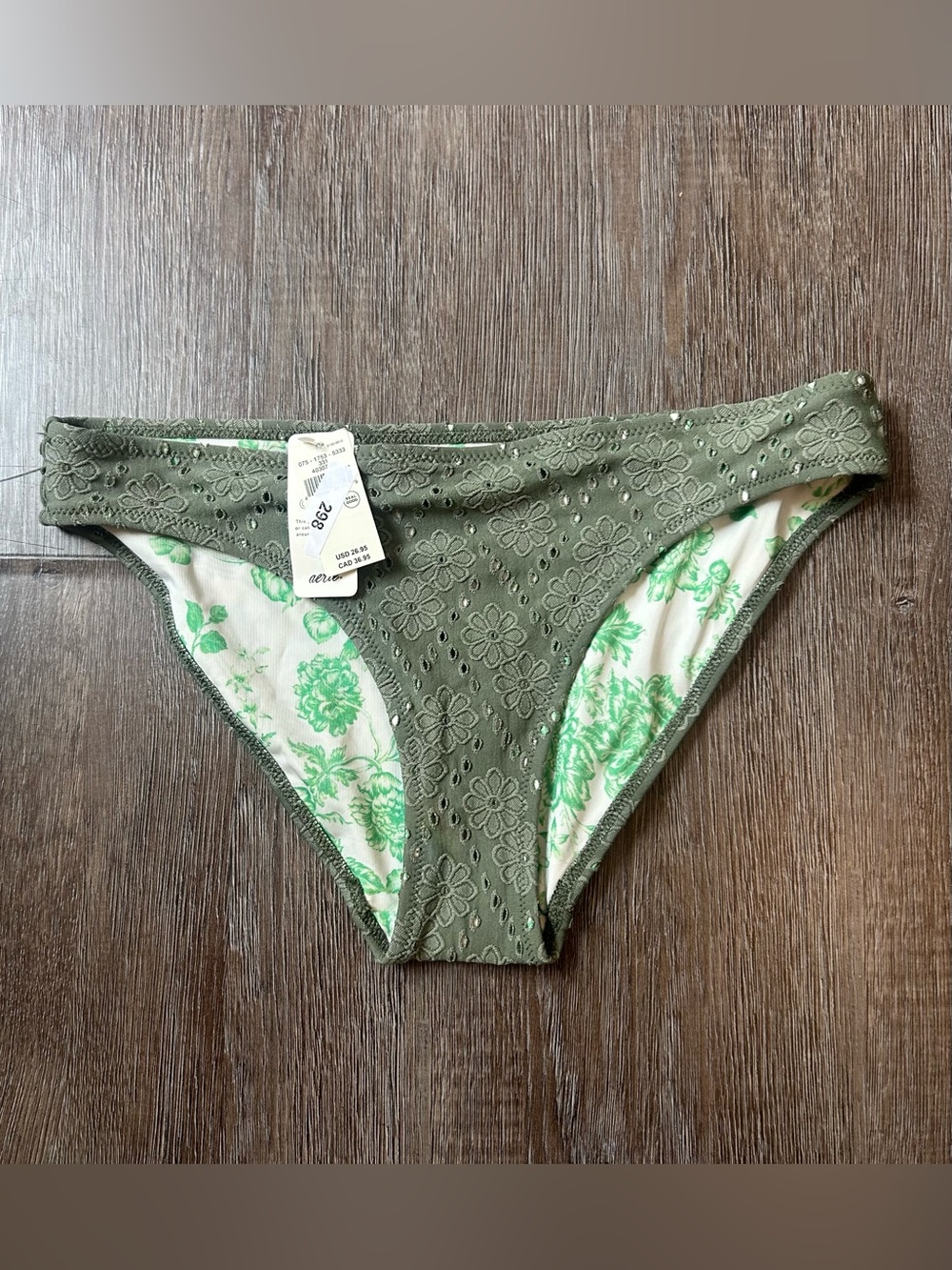 aerie Olive Green Eyelet Bikini Bottoms with Green Floral Lining